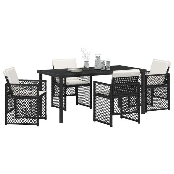 5 teiliges Garten Essset mit Kissen Schwarz Poly Rattan, Gartentisch Schwarz 160x80x73 cm Sicherheitsglas
