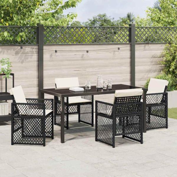 5 teiliges Garten Essset mit Kissen Schwarz Poly Rattan, Gartentisch Schwarz 160x80x73 cm Sicherheitsglas