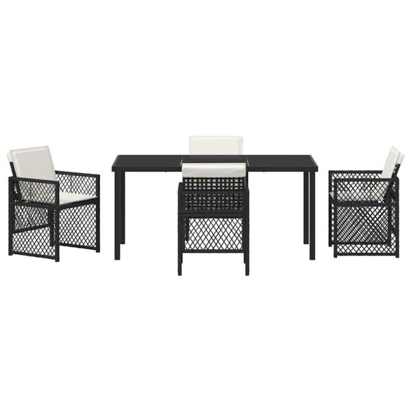 5 teiliges Garten Essset mit Kissen Schwarz Poly Rattan, Gartentisch Schwarz 160x80x73 cm Sicherheitsglas
