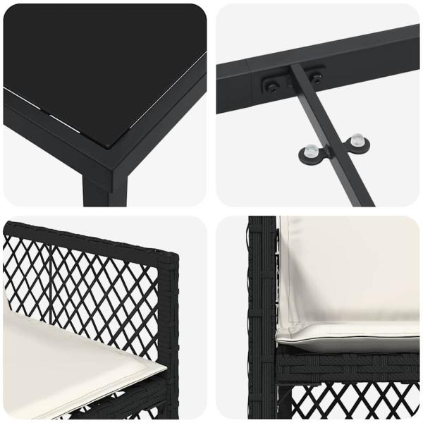 5 teiliges Garten Essset mit Kissen Schwarz Poly Rattan, Gartentisch Schwarz 160x80x73 cm Sicherheitsglas