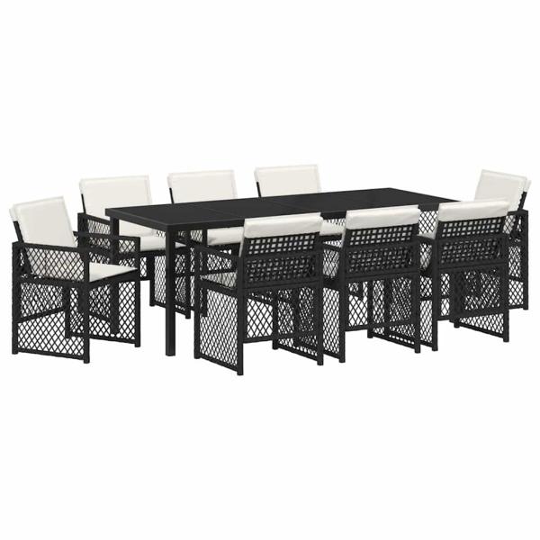 9-teiliges Garten Esstisch Set mit Kissen Schwarz Poly Rattan, Gartentisch Schwarz 200x80x73 cm Sicherheitsglas