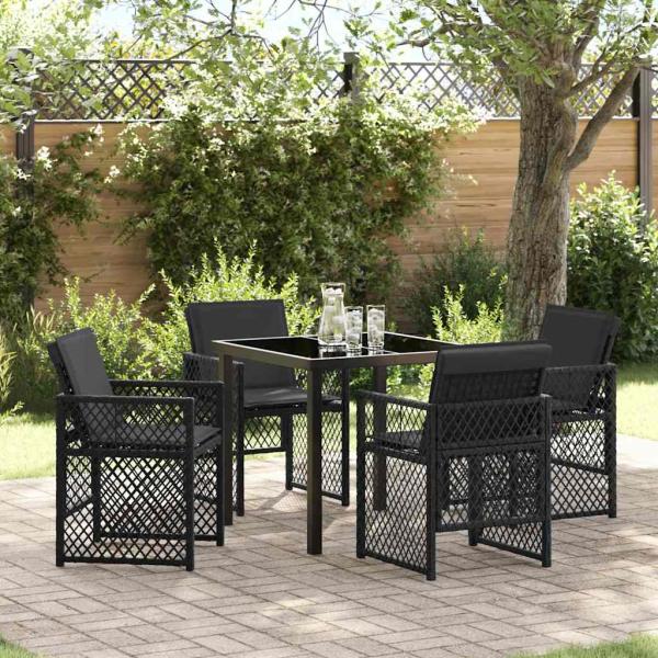 ARDEBO.de - 5-teiliges Garten-Essgruppe mit Kissen Schwarz Poly Rattan, Gartentisch Schwarz 80x80x73 cm Sicherheitsglas
