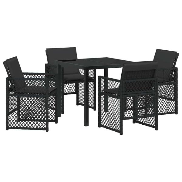 5-teiliges Garten-Essgruppe mit Kissen Schwarz Poly Rattan, Gartentisch Schwarz 80x80x73 cm Sicherheitsglas