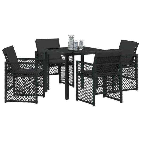 5-teiliges Garten-Essgruppe mit Kissen Schwarz Poly Rattan, Gartentisch Schwarz 80x80x73 cm Sicherheitsglas