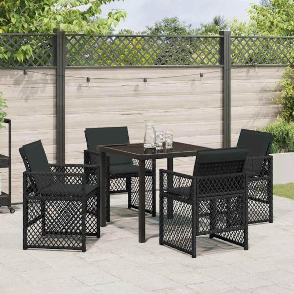 5-teiliges Garten-Essgruppe mit Kissen Schwarz Poly Rattan, Gartentisch Schwarz 80x80x73 cm Sicherheitsglas