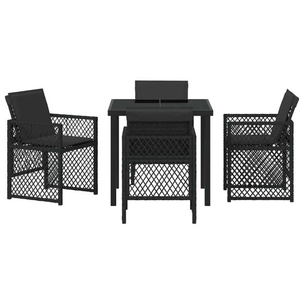5-teiliges Garten-Essgruppe mit Kissen Schwarz Poly Rattan, Gartentisch Schwarz 80x80x73 cm Sicherheitsglas