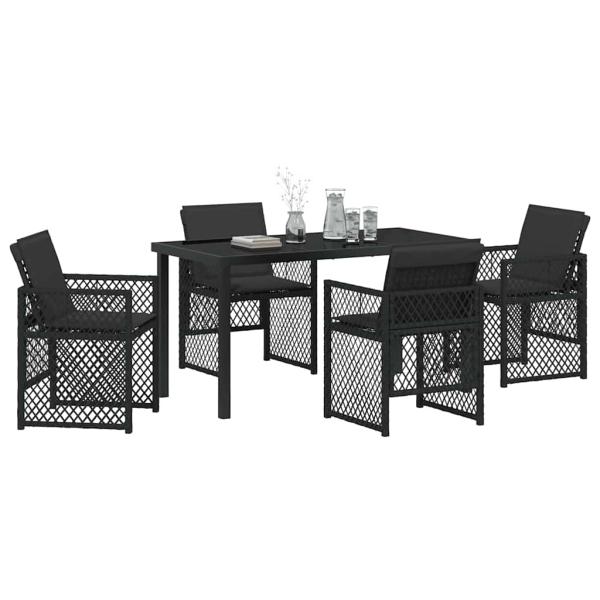 5-teiliges Garten Esszimmer Set mit Kissen Schwarz Poly Rattan, Gartentisch Schwarz 140x80x73 cm Gehärtetes Glas