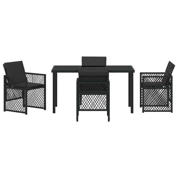 5-teiliges Garten Esszimmer Set mit Kissen Schwarz Poly Rattan, Gartentisch Schwarz 140x80x73 cm Gehärtetes Glas