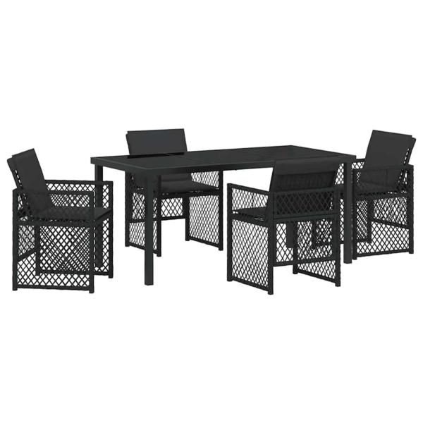 5-teiliges Garten Essset mit Kissen Schwarz Poly Rattan, Gartentisch Schwarz 160x80x73 cm Sicherheitsglas