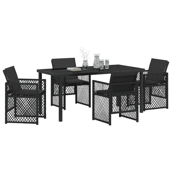 5-teiliges Garten Essset mit Kissen Schwarz Poly Rattan, Gartentisch Schwarz 160x80x73 cm Sicherheitsglas