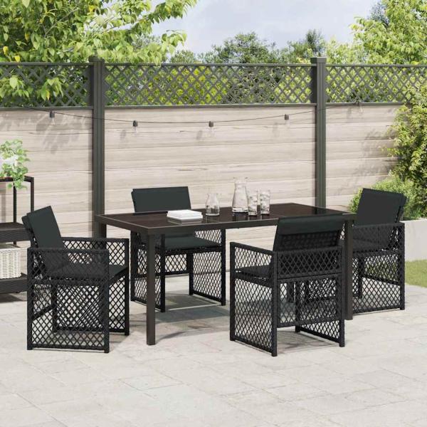 5-teiliges Garten Essset mit Kissen Schwarz Poly Rattan, Gartentisch Schwarz 160x80x73 cm Sicherheitsglas