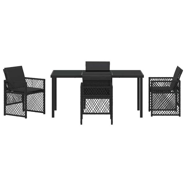 5-teiliges Garten Essset mit Kissen Schwarz Poly Rattan, Gartentisch Schwarz 160x80x73 cm Sicherheitsglas