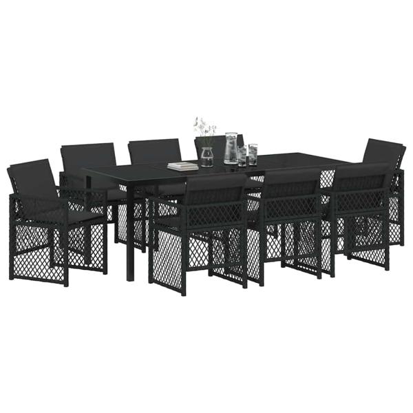 ARDEBO.de - 9-teiliges Gartenset mit Kissen Schwarz Poly Rattan, Gartentisch Schwarz 200x80x73 cm Sicherheitsglas
