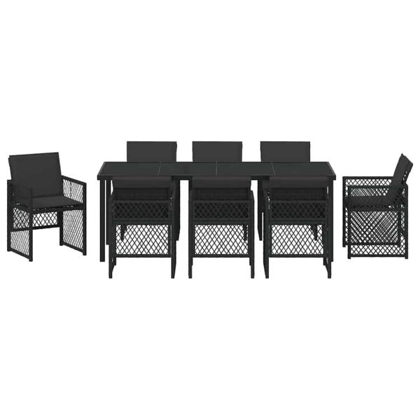 9-teiliges Gartenset mit Kissen Schwarz Poly Rattan, Gartentisch Schwarz 200x80x73 cm Sicherheitsglas