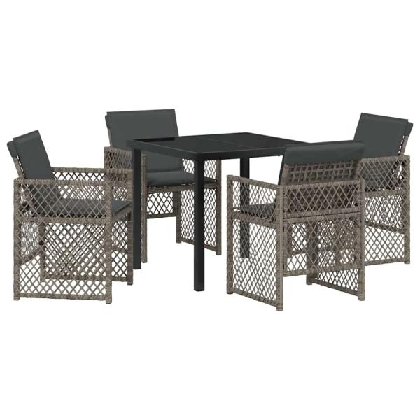 5-teiliges Garten Essset mit Kissen Grau Poly Rattan, Gartentisch Schwarz 80x80x73 cm Gehärtetes Glas