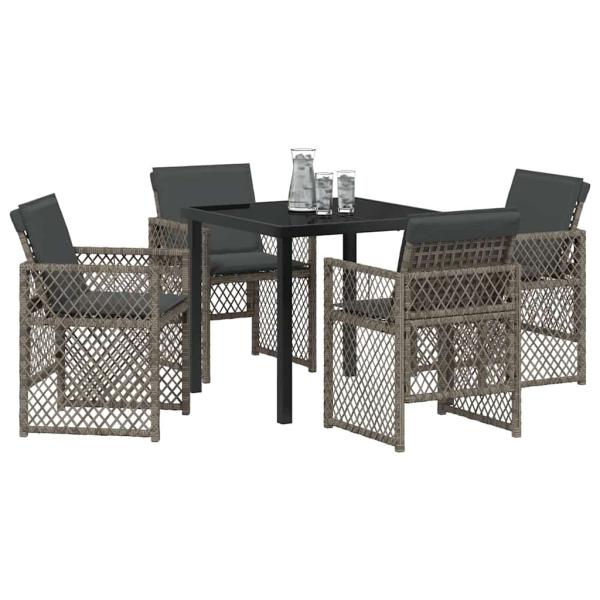5-teiliges Garten Essset mit Kissen Grau Poly Rattan, Gartentisch Schwarz 80x80x73 cm Gehärtetes Glas