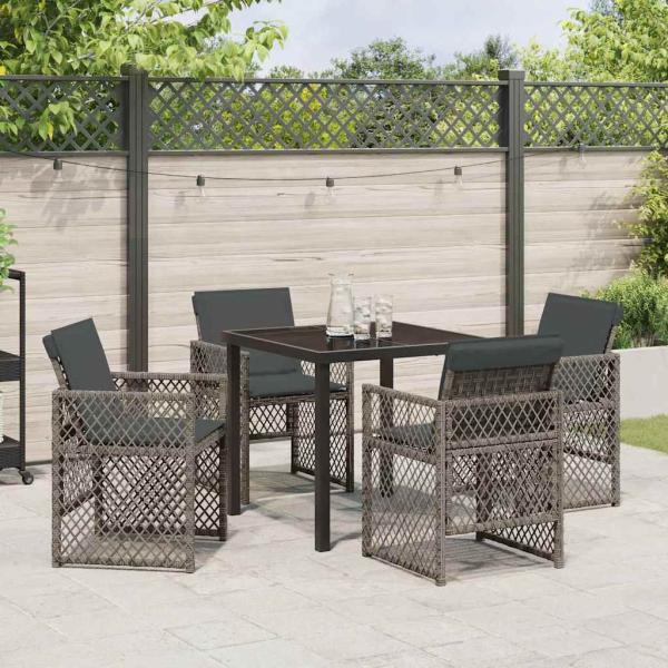 5-teiliges Garten Essset mit Kissen Grau Poly Rattan, Gartentisch Schwarz 80x80x73 cm Gehärtetes Glas