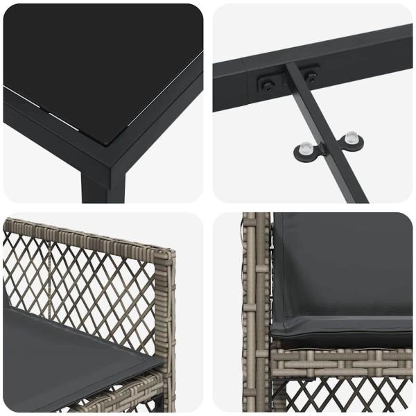 5-teiliges Garten Essset mit Kissen Grau Poly Rattan, Gartentisch Schwarz 80x80x73 cm Gehärtetes Glas