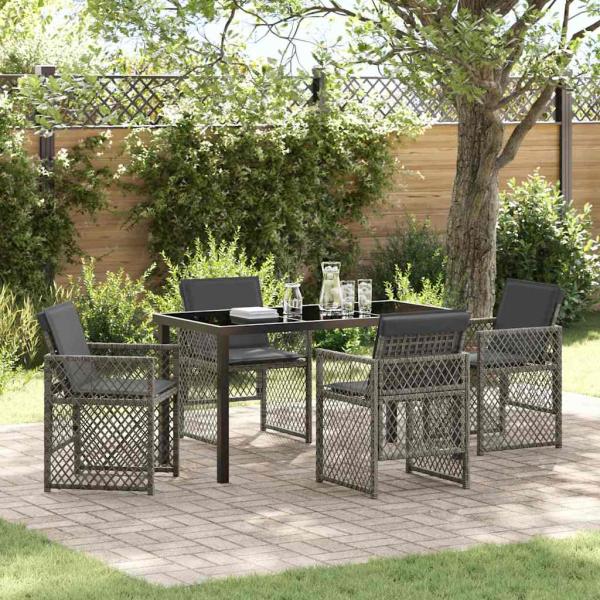 ARDEBO.de - 5-teiliges Garten Essgruppe mit Kissen Grau aus Poly Rattan, Gartentisch Schwarz 140x80x73 cm mit gehärtetem Glas