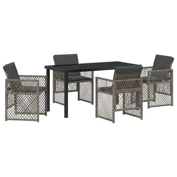 5-teiliges Garten Essgruppe mit Kissen Grau aus Poly Rattan, Gartentisch Schwarz 140x80x73 cm mit gehärtetem Glas