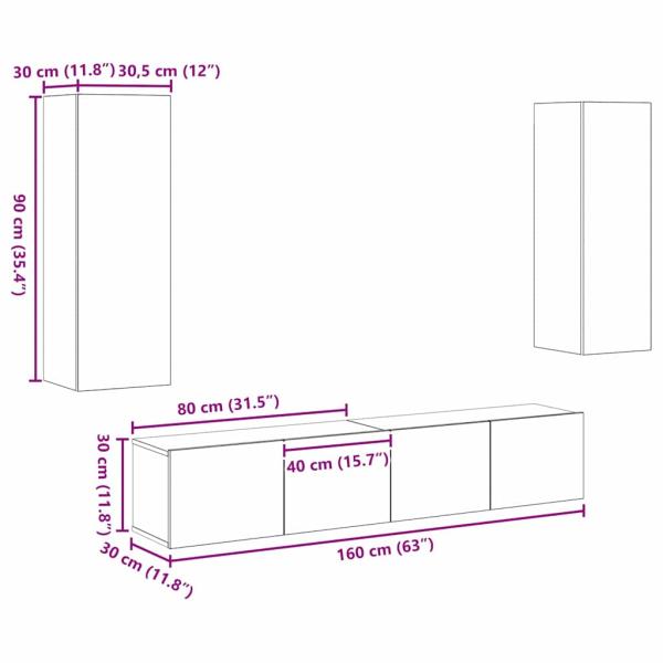 4-teiliges TV Schrank Set Wandmontiert Altholz Ingenieurholz