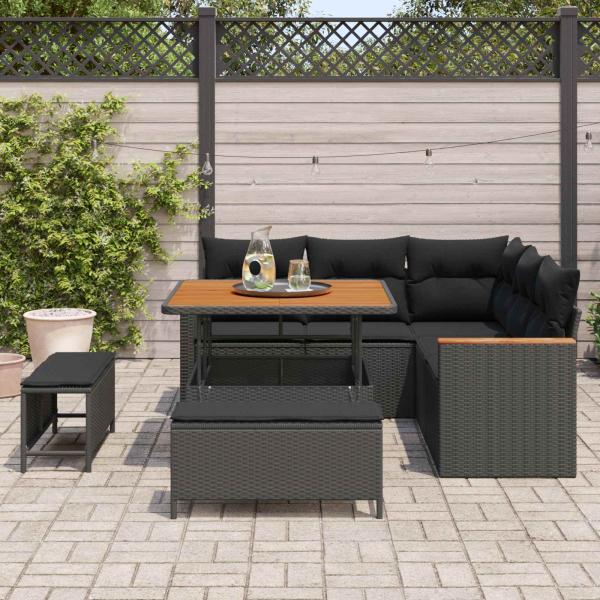 ARDEBO.de - 8-teiliges Garten-Sofaset mit Kissen Schwarz Poly Rattan Akazie, 3-teiliges Garten-Ess-Set mit Kissen Schwarz Poly Rattan Akazie