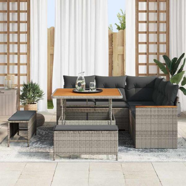 ARDEBO.de - 8-teiliges Garten Sofa Set mit Kissen Grau Poly Rattan Akazie, 3-teiliges Garten Esstisch Set mit Kissen Grau Poly Rattan Akazie