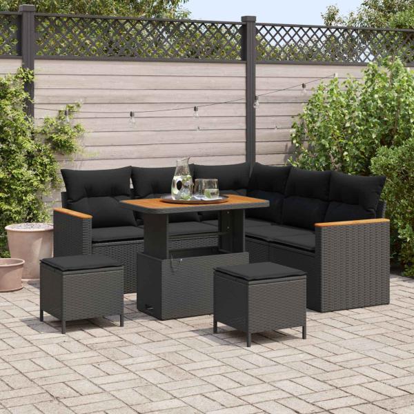 ARDEBO.de - 8-teiliges Garten Sofa Set mit Kissen Schwarz Poly Rattan Akazie, 3-teiliges Garten Essset mit Kissen Schwarz Poly Rattan Akazie