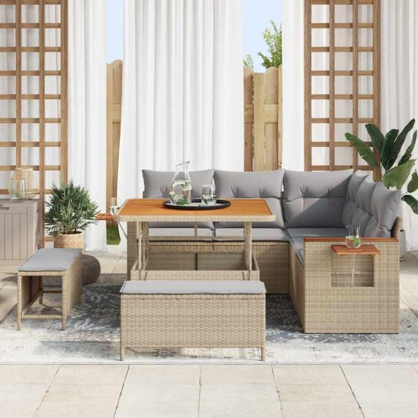 8-teiliges Garten Sofa Set mit Kissen Beige Poly Rattan Akazie, 3-teiliges Garten Essbereich Set mit Kissen Beige Poly Rattan Akazie