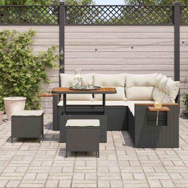8-teiliges Garten Sofa Set mit Kissen Schwarz Poly Rattan Akazie, 3-teiliges Garten Esszimmer Set mit Kissen Schwarz Poly Rattan Akazie