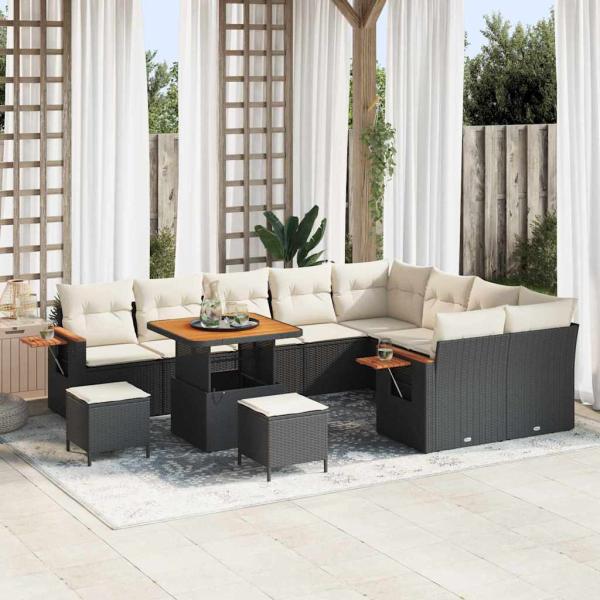 ARDEBO.de - 12-teiliges Garten Sofa Set mit Kissen Schwarz Poly Rattan Akazie, 3-teiliges Garten Esszimmer Set mit Kissen Schwarz Poly Rattan Akazie
