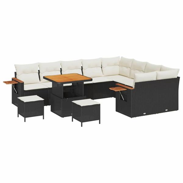 12-teiliges Garten Sofa Set mit Kissen Schwarz Poly Rattan Akazie, 3-teiliges Garten Esszimmer Set mit Kissen Schwarz Poly Rattan Akazie