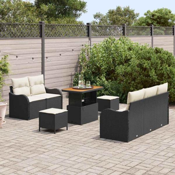 8-teiliges Garten-Sofa-Set mit Kissen - Schwarz Poly Rattan Akazie, 2-Sitzer Garten-Sofa mit Stauraum & Kissen - Schwarz Poly Rattan, 3-teiliges Garten-Dining-Set mit Kissen - Schwarz Poly Rattan Akazie