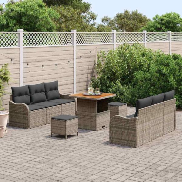 9-teiliges Garten Sofa Set mit Kissen Grau Poly Rattan Akazie, 2-Sitzer Garten Sofa mit Stauraum und Kissen Grau Poly Rattan, 3-teiliges Garten Essset mit Kissen Grau Poly Rattan Akazie