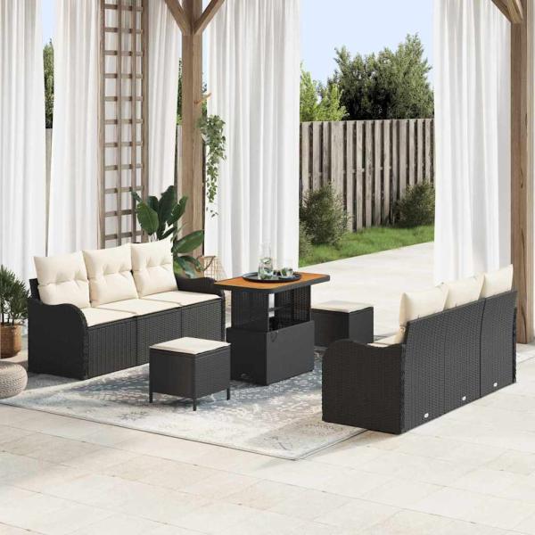 ARDEBO.de - 9-teiliges Garten-Sofa-Set mit Kissen Schwarzes Poly-Rattan Akazie, 2-Sitzer Garten-Sofa mit Stauraum & Kissen Schwarzes Poly-Rattan, 3-teiliges Garten-Ess-Set mit Kissen Schwarzes Poly-Rattan Akazie