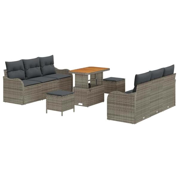 9-teiliges Garten Sofa Set mit Kissen Grau Poly Rattan Akazie, 2-Sitzer Garten Sofa mit Stauraum und Kissen Grau Poly Rattan, 3-teiliges Garten Essset mit Kissen Grau Poly Rattan Akazie