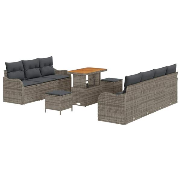 ARDEBO.de - 10-teiliges Garten Sofa Set mit Kissen Grau Poly Rattan Akazie, 2-Sitzer Garten Sofa mit Stauraum & Kissen Grau Poly Rattan, 3-teiliges Garten Esstischset mit Kissen Grau Poly Rattan Akazie