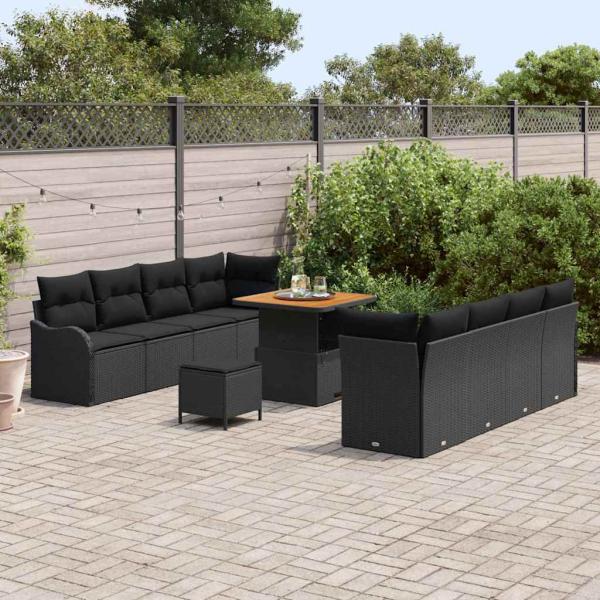 11-teiliges Garten Sofaset mit Kissen Schwarz Poly Rattan Akazie, 2-Sitzer Garten Sofa mit Stauraum und Kissen Schwarz Poly Rattan, 3-teilige Garten Essgruppe mit Kissen Schwarz Poly Rattan Akazie