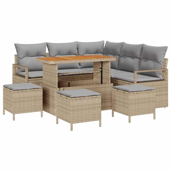 9-teiliges Garten-Sofa-Set mit Kissen Beige Poly-Rattan Akazie, 2-Sitzer Garten-Sofa mit Stauraum & Kissen Beige Poly-Rattan, 4-teiliges Garten-Dining-Set mit Kissen Beige Poly-Rattan Akazie