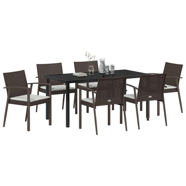 7-teiliges Garten-Esszimmer-Set mit Kissen aus braunem Poly-Rattan