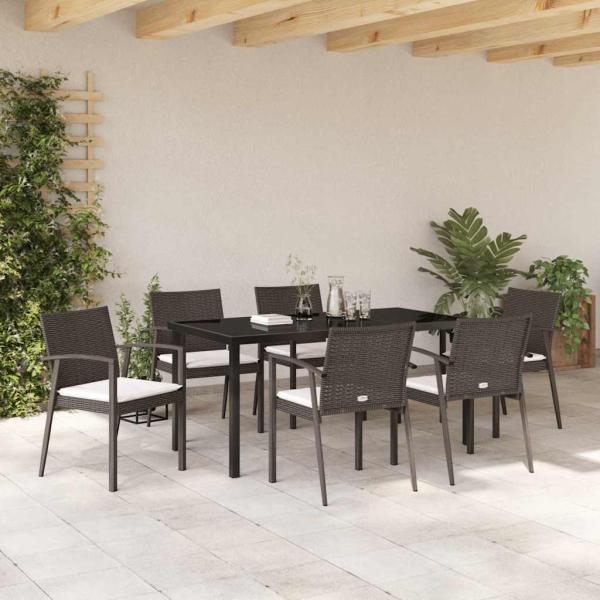 7-teiliges Garten-Esszimmer-Set mit Kissen aus braunem Poly-Rattan