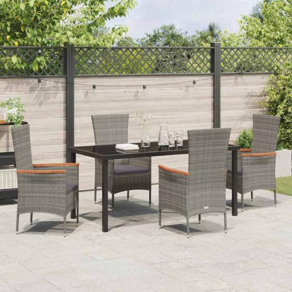 5-teiliges Garten-Dining-Set mit Kissen Grau Poly-Rattan