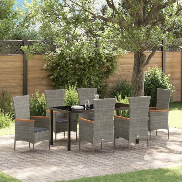 ARDEBO.de - 7-teiliges Garten Esstisch Set mit Kissen Grau Poly Rattan