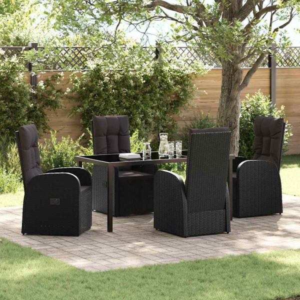 ARDEBO.de - 5-teiliges Garten-Dining-Set mit Kissen Schwarz Poly-Rattan