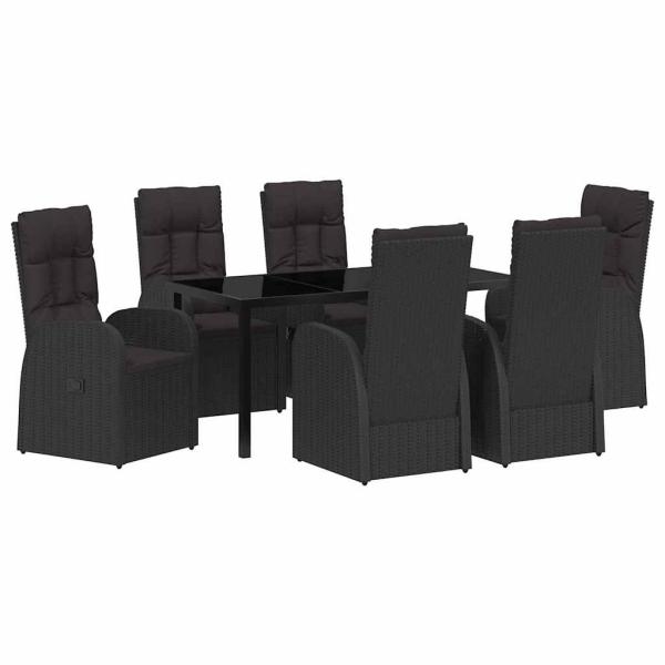7-teiliges Garten-Esszimmer Set mit Kissen Schwarz Poly-Rattan