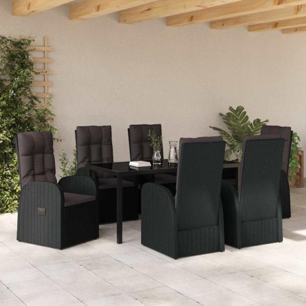 7-teiliges Garten-Esszimmer Set mit Kissen Schwarz Poly-Rattan