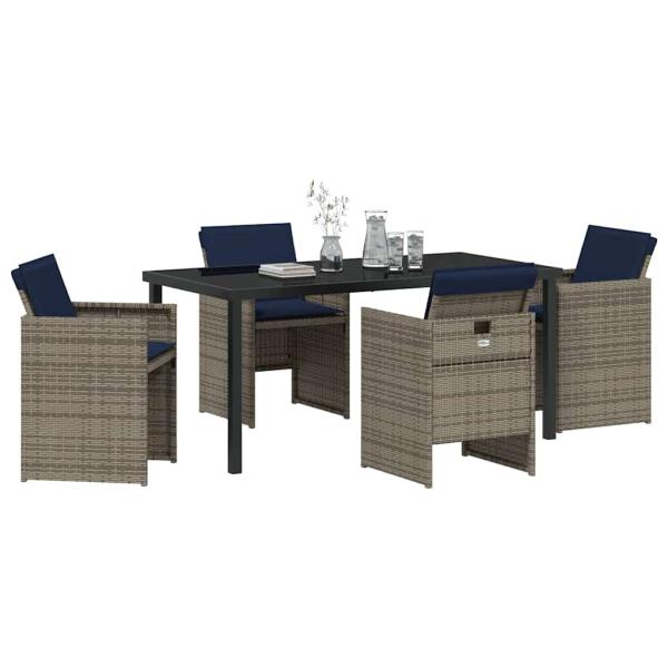 5-teiliges Garten Esszimmer Set mit Kissen Grau Poly Rattan