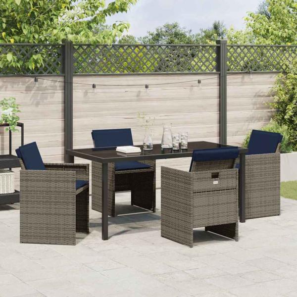 5-teiliges Garten Esszimmer Set mit Kissen Grau Poly Rattan