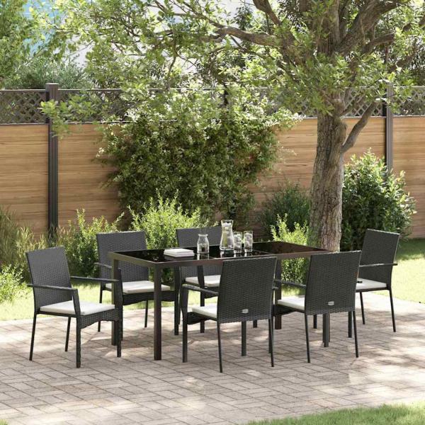 ARDEBO.de - 7-teiliges Garten-Esszimmer Set mit Kissen, schwarzes Poly-Rattan