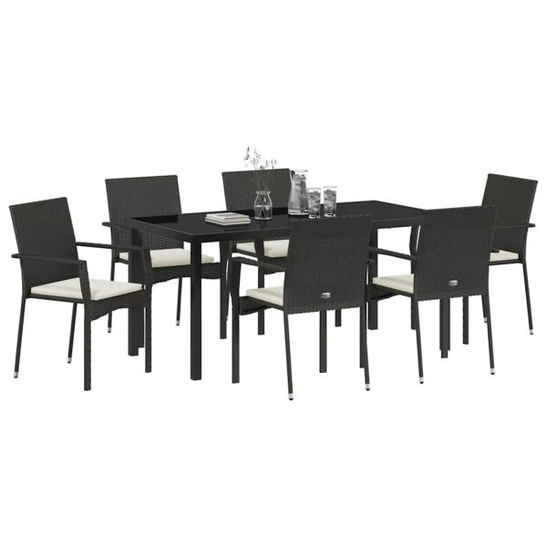 7-teiliges Garten-Esszimmer Set mit Kissen, schwarzes Poly-Rattan